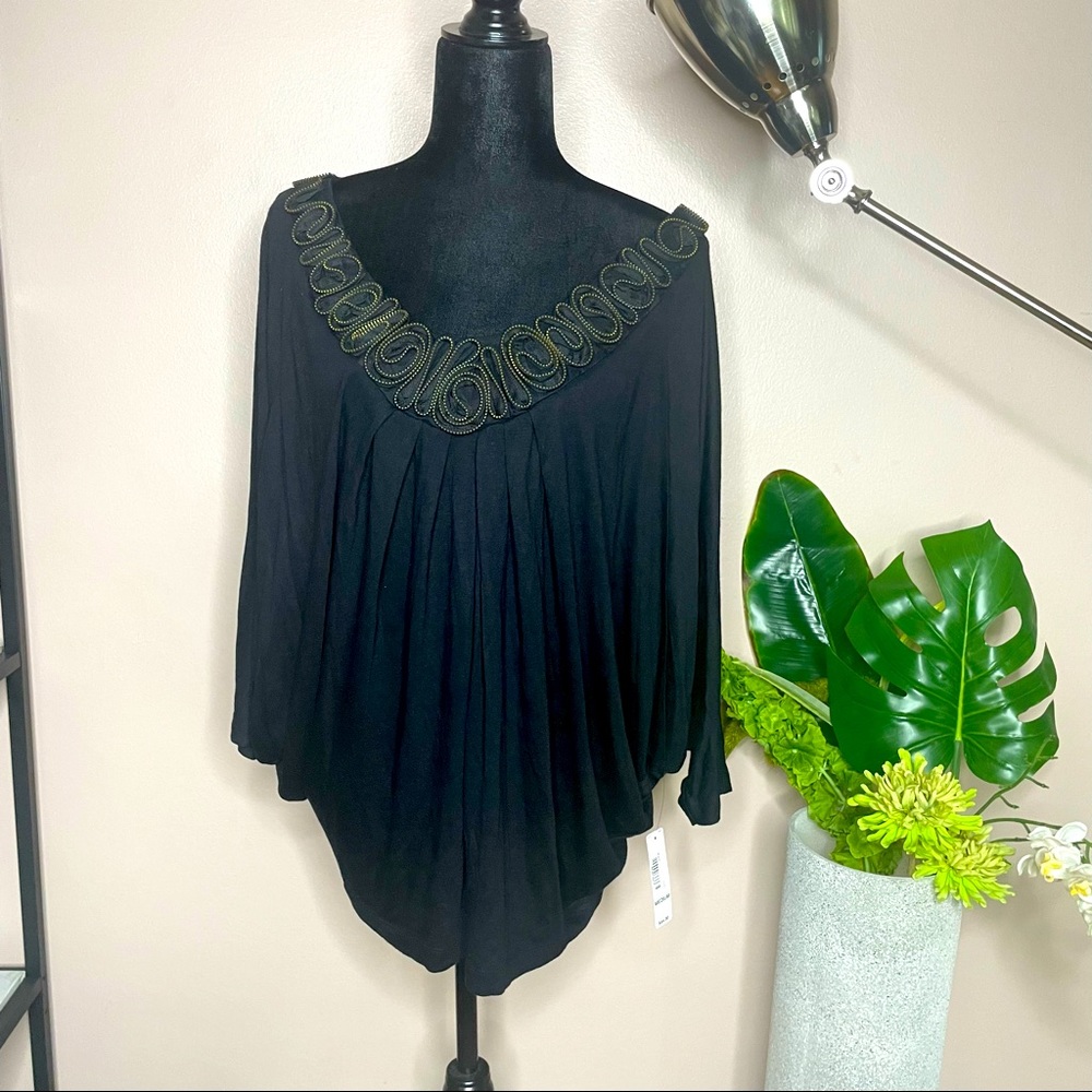 NWT Allen B. BY Allen Schwartz Black Long Sleeves Pleated Zip Embellished Top